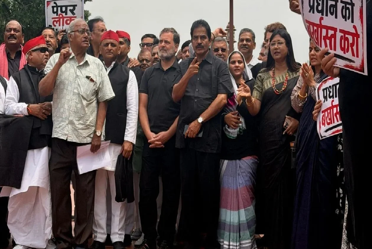 Opposition protests in Parliament complex over NEET row; wear black clothes to register dissent against the government.