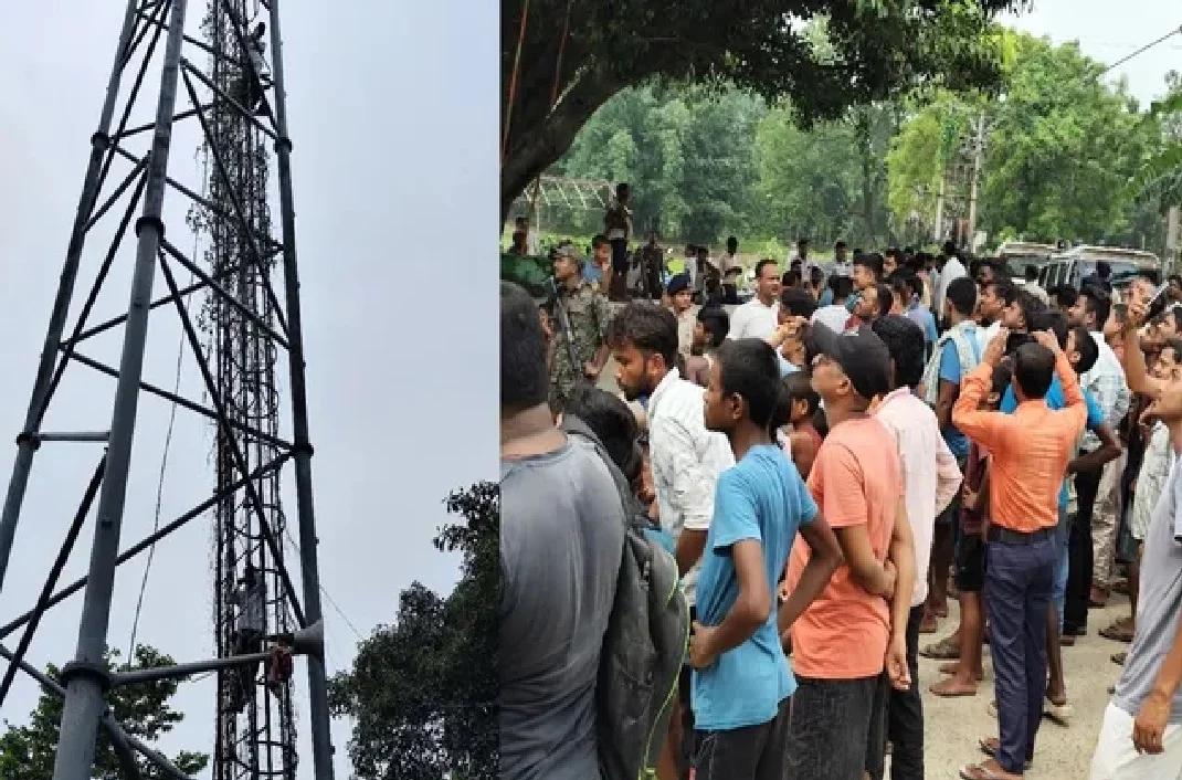 Former village head and lawyer climbed a tower demanding a degree college; came down after six hours following assurances from the administration.